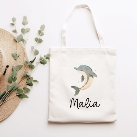 Stofftasche Delfin Delphin Personalisiert und Namen. Meer. Für Kindergarten und Schule - Wäschebeutel Wechselwäsche KITA | Mädchen & Junge