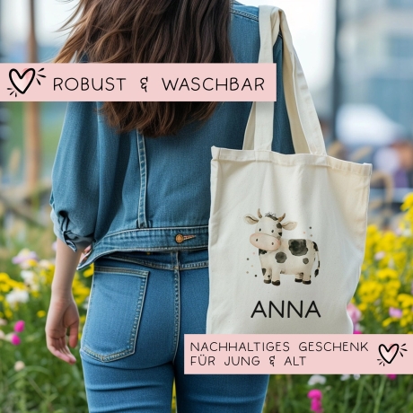 Stofftasche Kuh mit Namen personalisiert Kinder-Beutel als Sporttasche, Wechselwäsche, Stoffbeutel - Kita, Kiga, Schule & Kindergarten