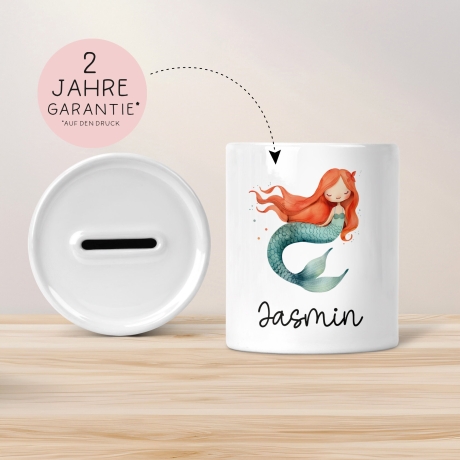 Meerjungfrau Spardose Personalisiert mit Name oder Wunschnamen für Mädchen aus Keramik. Geschenk Taufe, Geburtstag od. Weihnachten