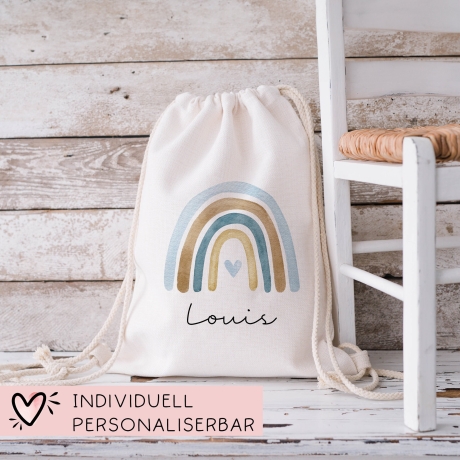 Regenbogen Turnbeutel Personalisiert Rucksack mit Namen - als Wäschebeutel, Sportbeutel Kinderbeutel für Schule, Kindergarten, Kita