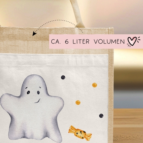 Halloween Stoff Tasche mit Namen | Beutel mit Geist und Bonbons | Candy Bag mit Namen | Tragetasche für Kinder für Süßigkeiten an Halloween