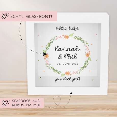 Hochzeit Spardose personalisiert Datum & Name Brautpaar Bräutigam Braut Geldgeschenk Sparschwein Hochzeitsgeschenk Geld - Holz Blumenkranz