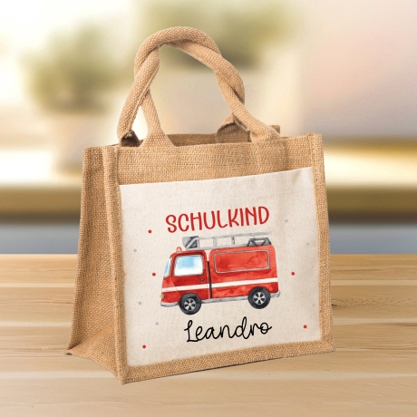 Feuerwehrauto Schulkind Tasche Wunschnamen 2024 | 100% Jute | Löschzug Brandwache | Geschenk Einschulung | Schultüte personalisiert | Schule