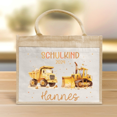 Personalisierter Turnbeutel mit Wunschnamen - Bagger. Rucksack für Schule und Kindergarten Wäschebeutel Wechselwäsche Sport. Mädchen & Junge