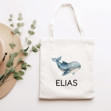 Einschulung Stofftasche mit Namen Wal personalisiert Kinder-Beutel als Sporttasche, Wechselwäsche, Stoffbeutel Kita, Schule & Kindergarten