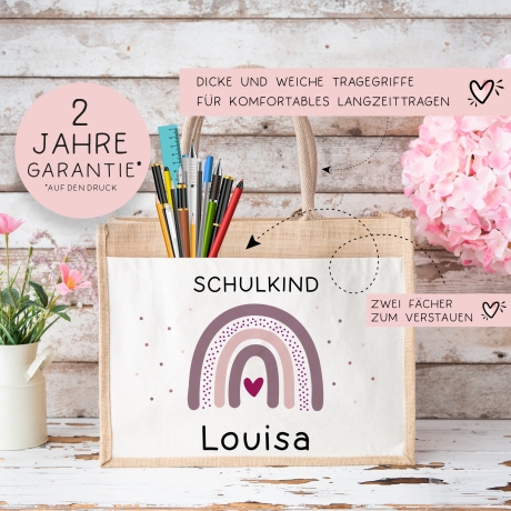 Einschulung Jute Pocket Tasche Personalisiert mit Wunschnamen | Schulkind Regenbogen Herz als Geschenktasche für Schulanfang - 1 Schultag