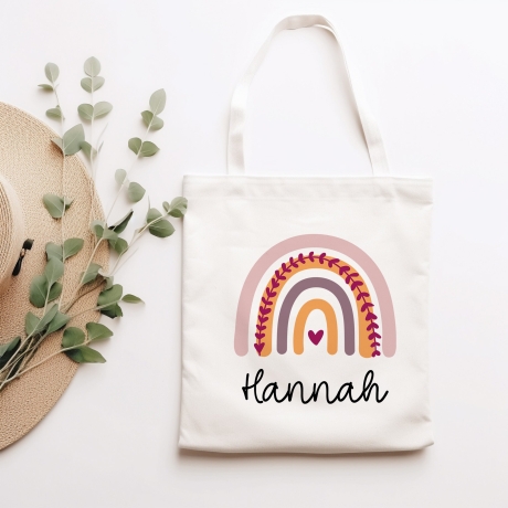 Personalisierter Turnbeutel aus Bio-Baumwolle | Mit Ihrem Wunsch-Namen | Regenbogen-Design. Perfekt als Rucksack für Schule und Kindergarten