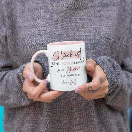 Tasse Bonusmama Muttertag personalisiert – Motiv: Glück ist eine BONUSMAMA wie dich zu haben - Geschenk zum Geburtstag, Ostern, Weihnachten