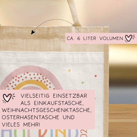Schulkind 2024 Tasche, Regenbogen Rosa Mädchen, Geschenk Einschulung, Schultüte, personalisierte Jutetasche, Einschulungsgeschenk