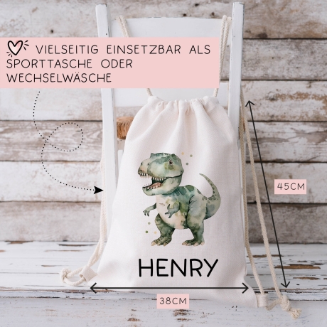 Kinder-Beutel Dinosaurier Dino Stofftasche Tyrannosaurus Rex Tasche personalisiert als Sporttasche, Wechselwäsche, Stoffbeutel Kita & Schule