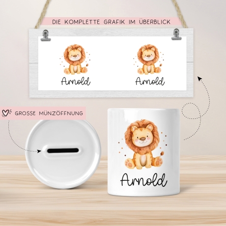Personalisierte Kinder Spardose Löwe Tier mit Namen optional mit Datum - Gelb - Geschenk für Junge & Mädchen zum Geburtstag Weihnachten