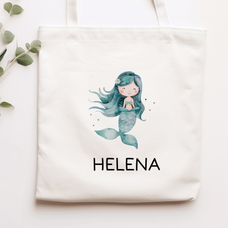 Stofftasche Meerjungfrau Personalisiert mit Wunschnamen Kinder-Beutel für Schule, Kindergarten,  Wäschebeutel, Sportbeutel, Wechselwäsche