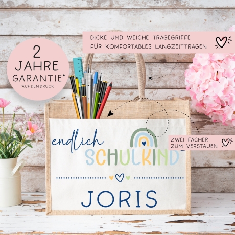 Endlich Schulkind 2024 personalisiert mit Namen Tasche Schultasche, Geschenk Einschulung, personalisierte Jutetasche, Einschulungsgeschenk