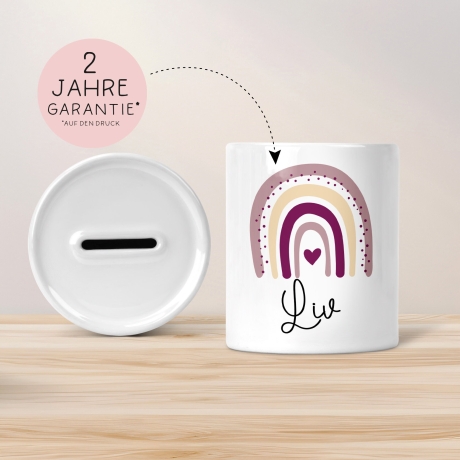 Personalisierte Spardose Regenbogen mit Namen und Datum - Rosa - Geschenk für Mädchen zum Geburtstag Weihnachten Firmung Geburt Einschulung