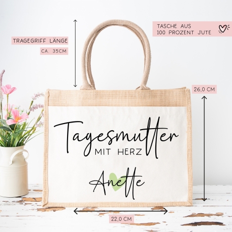 Tagesmutter mit Herz Tasche mit Namen - kleines Geschenk - Dankeschön Juteasche Abschiedsgeschenk - Beste Tagesmutter mit Wunschtext