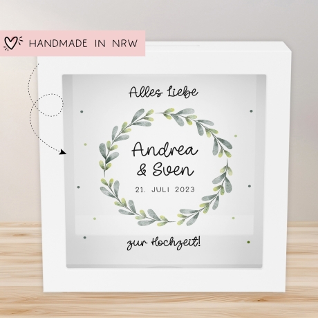 Spardose Hochzeit personalisiert Datum & Name Brautpaar Bräutigam Braut Geldgeschenk Sparschwein Hochzeitsgeschenk Geld - Holz Blumenkranz
