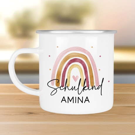 Schulkind Emaille Tasse Emaille Becher mit Namen personalisiert Regenbogen Rosa oder Blau für Jungs und Mädchen. Einschulung Geschenkidee