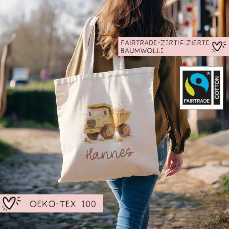 LKW Kipper Stofftasche Tasche Kinder-Beutel mit Namen Wunschname als Sporttasche, Wechselwäsche, Tragetasche - Kita, Schule & Kindergarten