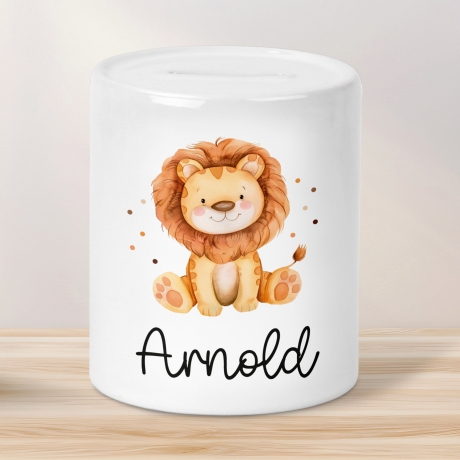 Personalisierte Kinder Spardose Tiere mit Namen optional mit Datum Geschenk für Junge & Mädchen zum Geburtstag Weihnachten, Löwe, Pferd