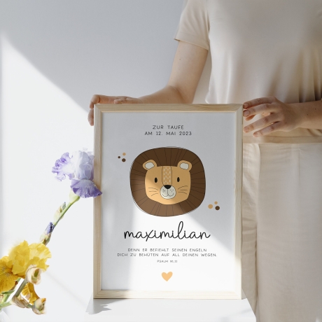 Personalisiertes Poster zur Taufe mit eigenen Namen und Taufspruch mit einem Löwen| Taufposter| Geschenk zur Taufe | Geschenk für Patenkind