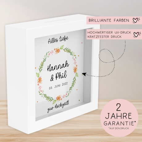 Hochzeit Spardose personalisiert Datum & Name Brautpaar Bräutigam Braut Geldgeschenk Sparschwein Hochzeitsgeschenk Geld - Holz Blumenkranz