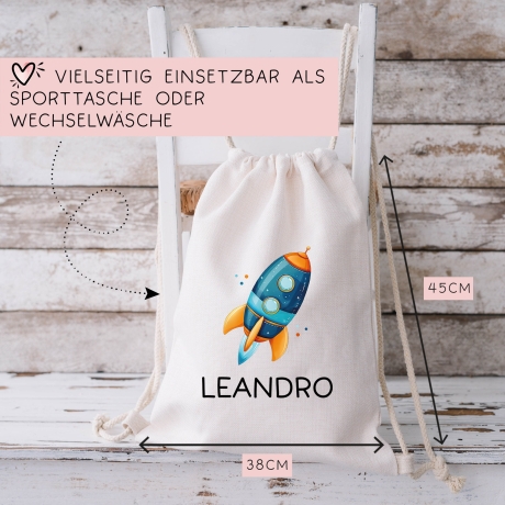 Rakete Personalisiert Stofftasche - Einkaufstasche Kinder-Beutel mit Namen als Sporttasche, Tragetasche Wechselwäsche für Kita Schule - 04