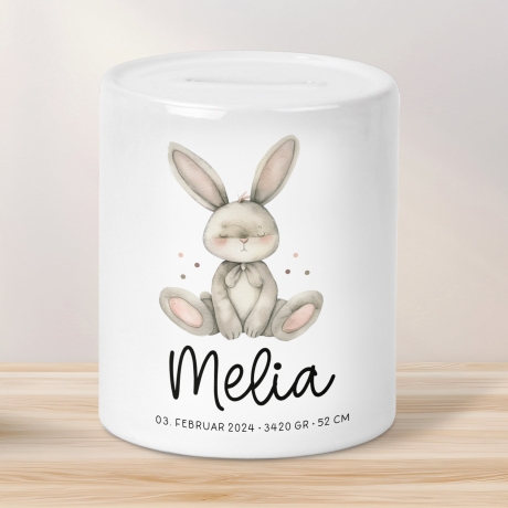 Personalisierte Kinder Spardose Hase Tier mit Namen optional mit Datum - Braun - Geschenk für Junge & Mädchen zum Geburtstag Weihnachten