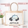 Polizeiwagen mit Wunschnamen Tasche | 100% Jute | Streifenfahrzeug Streifenwagen | Geschenk zum Geburtstag, Nikolaus, Weihnachten Ostern