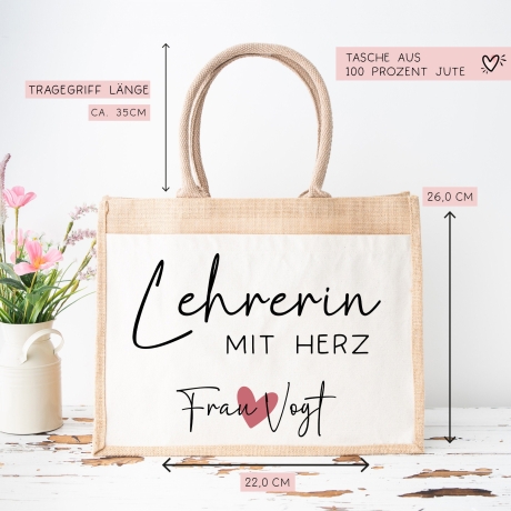 Lehrerin mit Herz Tasche mit Namen - kleines Geschenk - Dankeschön Juteasche Abschiedsgeschenk - Beste Lehrerin mit Wunschtext