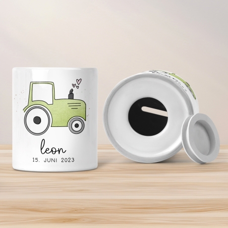 Spardose Trecker Personalisiert Traktor Grün mit Wunschname - Sparschwein -Geschenk-Geburtstag-Weihnachten-Geldgeschenk mit Wunschtext