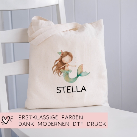 Kindergarten Einschulung Meerjungfrau Kinder-Beutel Stofftasche Personalisiert mit Wunschnamen für Schule, Wäschebeutel, Wechselwäsche