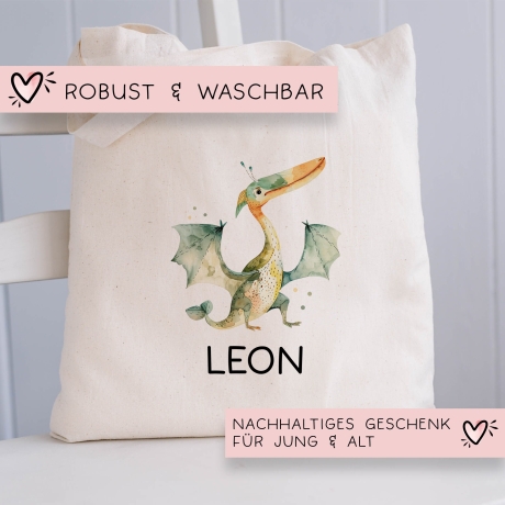 Stofftasche Tasche Dinosaurier Dino Pteranodon personalisiert Kinder-Beutel als Sporttasche, Wechselwäsche, Stoffbeutel Kita, KIGA & Schule