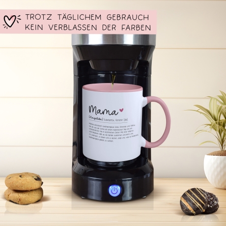 Personalisierte Tasse/Becher Geschenk Mama Muttertag mit Wunschnamen - Tasse Mama Definition Wörterbuch Duden 330 ml – Innen & Henkel - Rosa