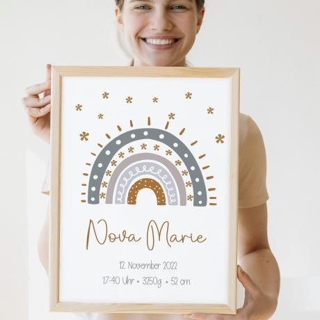Personalisiertes Poster Geburtsposter in DIN A4 mit Regenbogen, Wunschname, Kinderzimmer Poster Name, Geschenk Baby, Geschenk zur Geburt