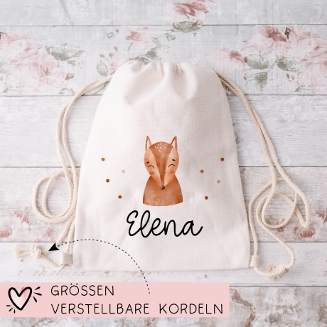 Fuchs Turnbeutel Rucksack mit Namen - GymBag als Wäschebeutel, Sportbeutel Kinderbeutel für Schule, Kindergarten, Kita. Personalisiert