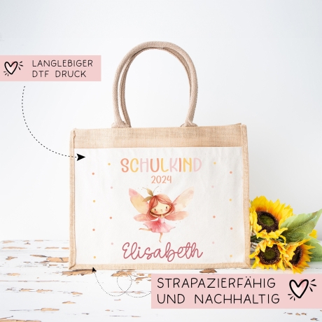 Ballerina Fee Schulkind Tasche 2024, Schultasche, Geschenk Einschulung, Schultüte, personalisierte Jutetasche, Einschulungsgeschenk