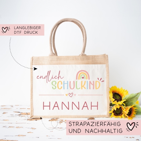 Endlich Schulkind Tasche 2024 personalisiert mit Namen Schultasche, Geschenk Einschulung, personalisierte Jutetasche, Einschulungsgeschenk