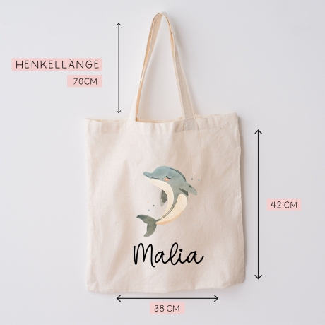 Stofftasche Delfin Delphin Personalisiert und Namen. Meer. Für Kindergarten und Schule - Wäschebeutel Wechselwäsche KITA | Mädchen & Junge