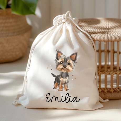 Personalisierte Stofftasche Hund Yorkshire Terrier Name - Kinder Beutel Kindertasche mit Wunschname - Wechselwäsche - Wechselkleidung