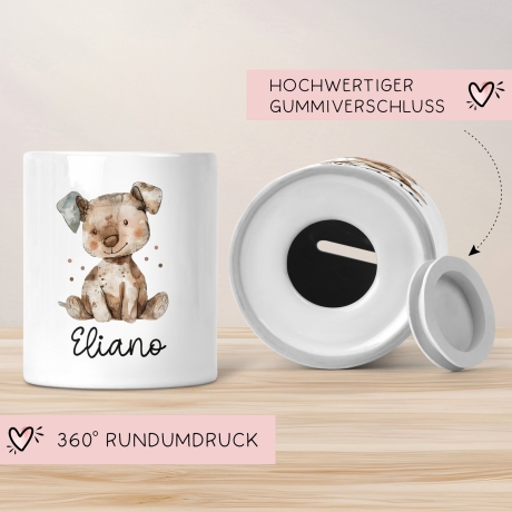 Personalisierte Kinder Spardose Hund Tier mit Namen optional mit Datum - Braun - Geschenk für Junge & Mädchen zum Geburtstag Weihnachten