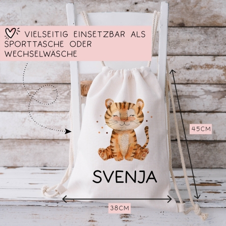 Personalisierter Turnbeutel Tiger Wunschnamen |  Rucksack für Schule, Kindergarten, KITA , KIGA | als Wäschebeutel, Sportbeutel l Tierkinder