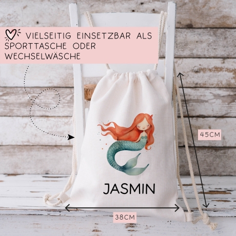 Meerjungfrau Turnbeutel Personalisiert | Nixe mit Wunschnamen Rucksack Schule, Kindergarten, KITA, Wäschebeutel, Sportbeutel, Wechselwäsche