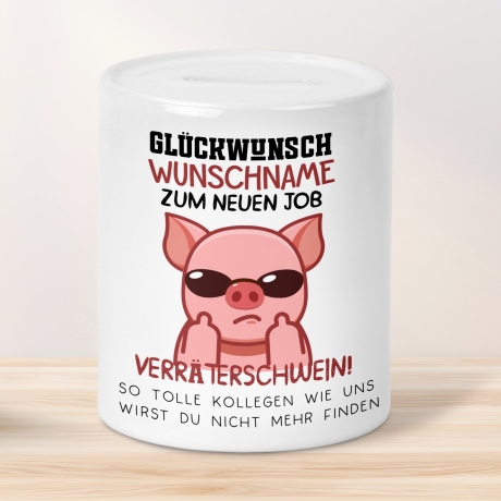 Personalisierte Tasse mit Spruch: Glückwunsch zum neuen Job Verräter! - Abschiedsgeschenk Kollegen - Kaffeetasse Sparschwein