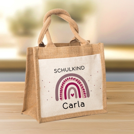 Einschulung - Personalisierte Jute Pocket Tasche | mit Wunschnamen | Schulkind Regenbogen Herz | Lila | als Geschenktasche für Schulanfang