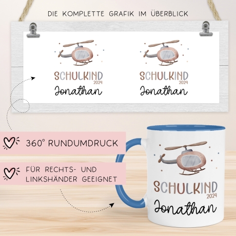Schulkind 2024 Kindertasse Hubschrauber-Motiv - personalisierte Kakao Tasse mit Namen - ideales Kindergeschirr - perfektes Geschenk Kinder
