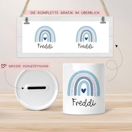 Personalisierte Kinder Spardose Regenbogen mit Namen und Datum - Blau - Geschenk für Junge zum Geburtstag Weihnachten Firmung Einschulung