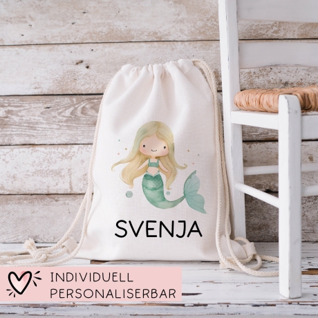 Sportbeutel Meerjungfrau Personalisiert | Nixe mit Wunschnamen Rucksack Schule, Kindergarten, KITA, Wäschebeutel, Turnbeutel, Wechselwäsche