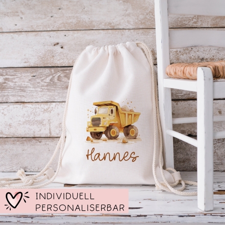 LKW Kipper Turnbeutel Rucksack mit Namen - GymBag als Wäschebeutel, Sportbeutel Kinderbeutel für Schule, Kindergarten, Kita. Personalisiert