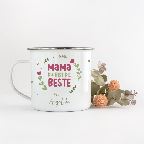 Personalisierter Emaille-Becher/Tasse zum Muttertag: Mama, du bist die Beste mit [Wunschname].Ein Geschenk für Geburtstag oder Dankeschön.