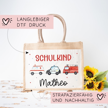 RTW Polizeiwagen Feuerwehr Krankenwagen Schulkind Tasche Wunschnamen | 100% Jute | Geschenk Einschulung | Schultüte personalisiert | Schule
